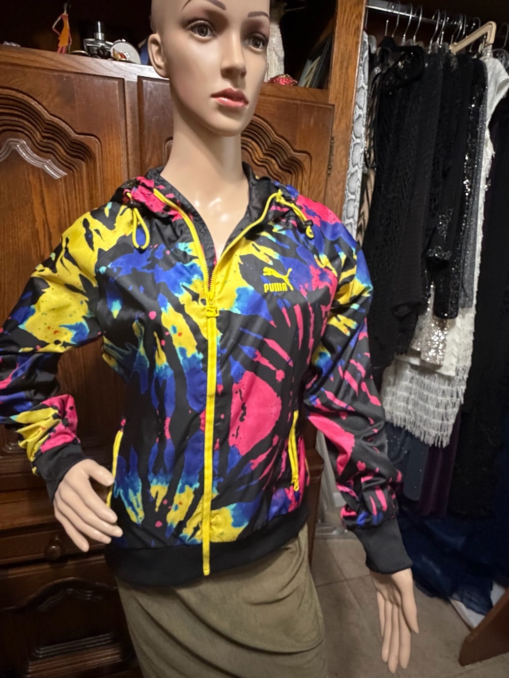 Puma Women's Full Zip Black Multicolor Splash Print Hooded Bomber Jacket
